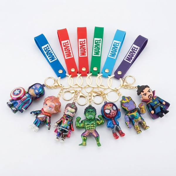 3D Superhero Character Keychain featuring colorful superhero figures and MARVEL themed straps.