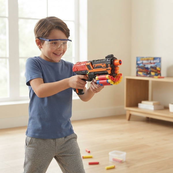 A child wearing safety goggles aiming the Shooting Soft Bullet Blaster Toy Foam Dart Gun Set with foam darts.