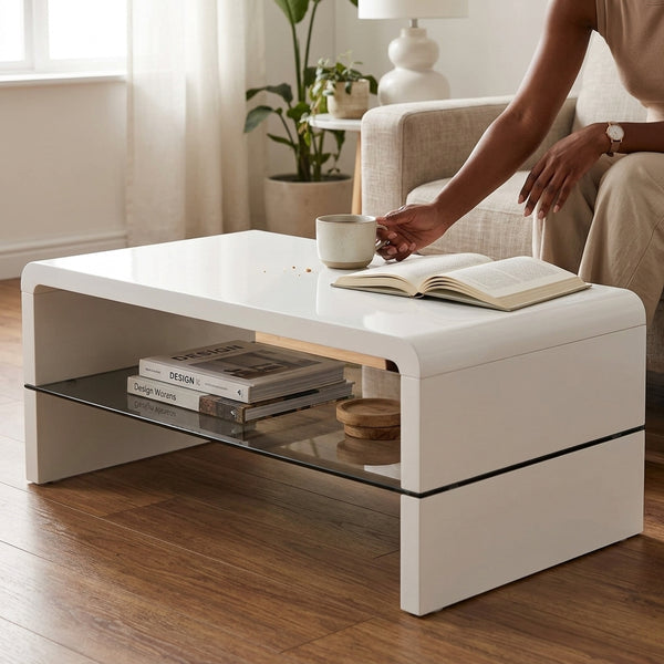Arch High Gloss Coffee Table White with a glass shelf, person enjoying coffee while reading a book.