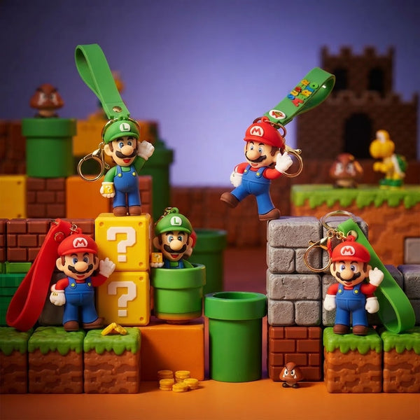 Colorful 3D Plumber Silicone Keychain design featuring Mario and Luigi characters on a playful video game backdrop.