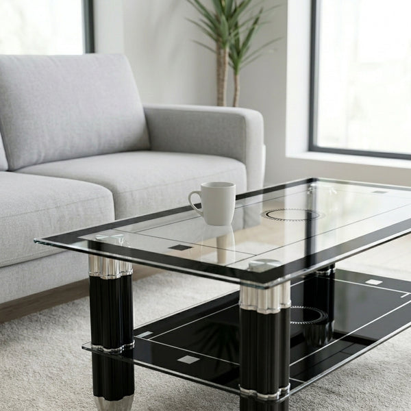 Coffee Table with Glass Top - Black featuring a sleek design, clear glass surface, and elegant black accents in a modern living room.