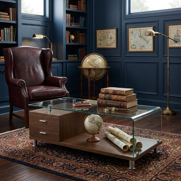 Glass Top Coffee Table with Drawers in a cozy living room setting with bookshelves and armchair.