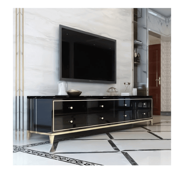 Living Room Modern Entertainment Unit TV Stand with sleek black design and gold accents in a contemporary lounge.