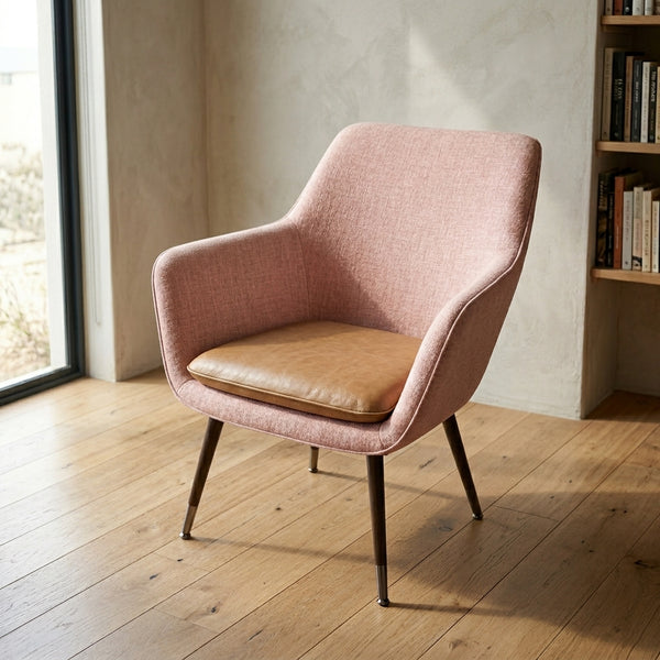 Modern Café Dining Chair in a stylish pink fabric with a brown leather cushion, perfect for contemporary spaces.