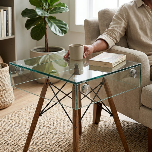 Shelf Bent Clear Glass Side Table Set featuring transparent top and wooden legs in a modern living room.