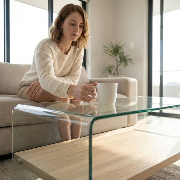Woman enjoying coffee at a Tempered Glass Coffee Table with Oak Shelf in a modern living room.