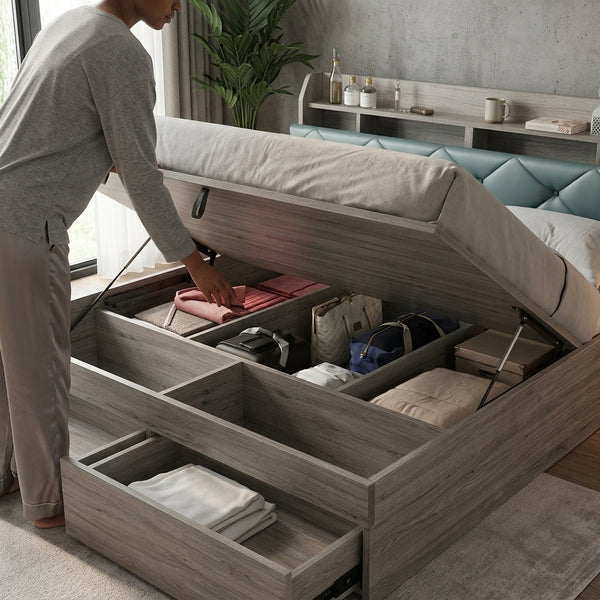 A person accessing the storage compartments of a Solid Wood Storage Bed Frame with under-bed storage.