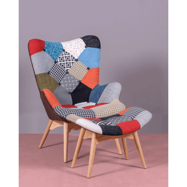 Relax Lounge Chair Set with colorful patchwork upholstery and matching footrest designed for modern comfort.