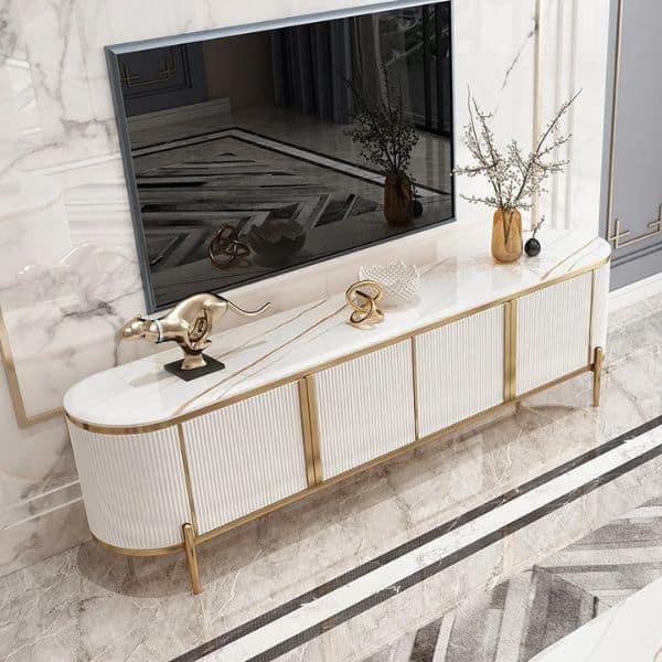 Fancy TV Stand featuring a faux marble top and gold accents, enhancing an elegant living room decor.