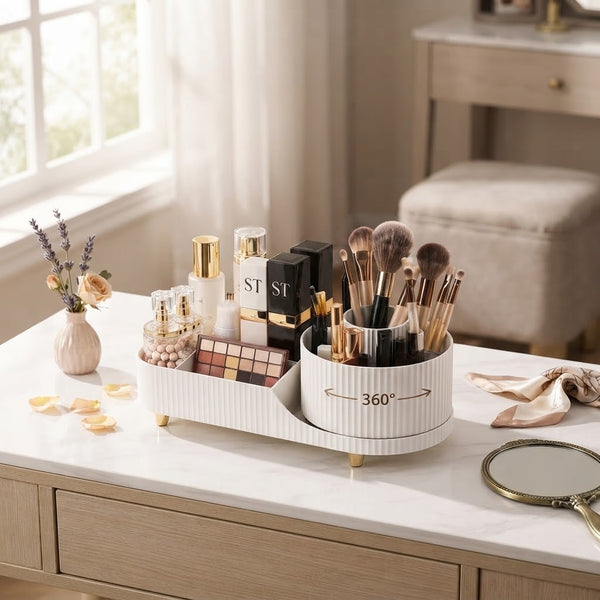 360-Degree Rotating Makeup & Skincare Organizer with makeup products and brushes on a table.