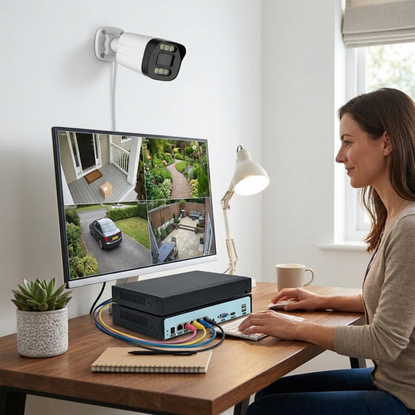 Woman monitoring 4-channel surveillance on a monitor with a 3MP 4-Channel NVR PoE Security Camera Kit.