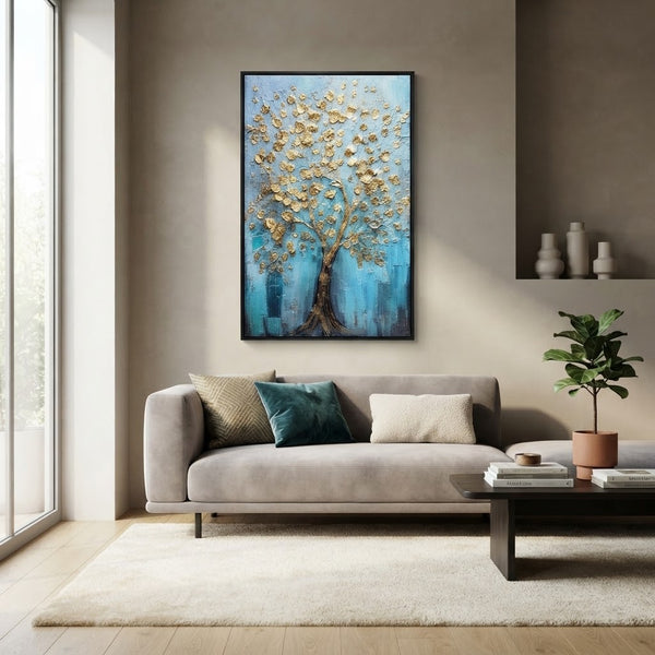 Vertical Golden Tree Canvas Wall Art displayed in a modern living room with neutral tones and natural light.