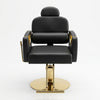 Reclining Hydraulic Salon Styling Chair with black leather upholstery and gold accents, ideal for professional beauty salons.