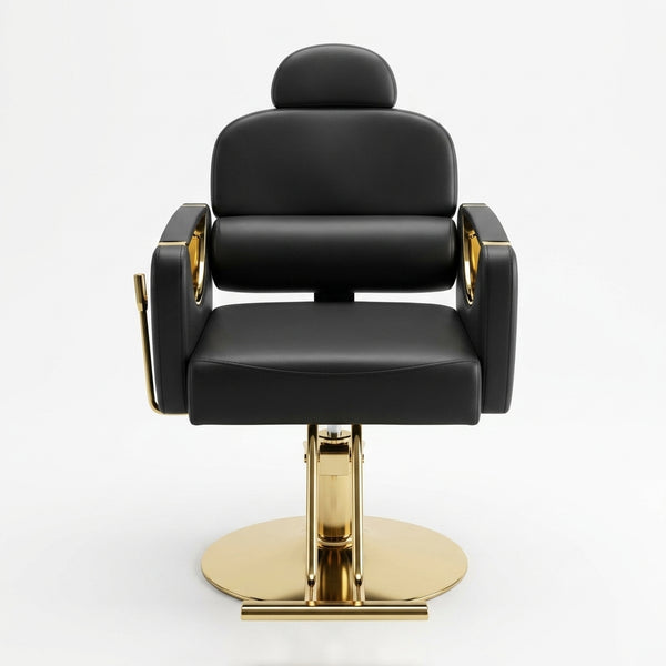 Reclining Hydraulic Salon Styling Chair with black leather upholstery and gold accents, ideal for professional beauty salons.