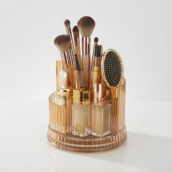 Clear Amber Rotating Makeup Brush Storage Bucket filled with makeup brushes and cosmetics organized in a stylish holder.