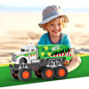 Child playing with a Friction Powered Eco City Garbage Truck at the beach, promoting imaginative and eco-friendly fun.