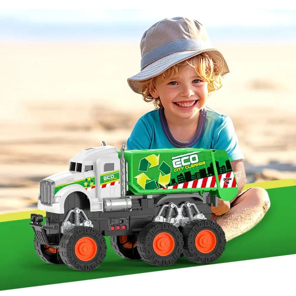 Child playing with a Friction Powered Eco City Garbage Truck at the beach, promoting imaginative and eco-friendly fun.