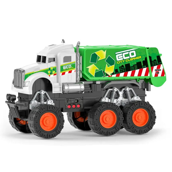Friction Powered Eco City Garbage Truck with rugged design for imaginative play and recycling education.