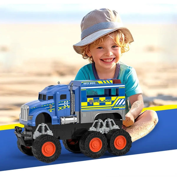 Big Police Monster Truck Toy next to a joyful child on the beach, showcasing its vibrant design and chunky wheels.