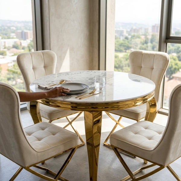 Modern 4-Seater Luxury Round Dining Table Set with white chairs and a marble top, perfect for elegant family meals.