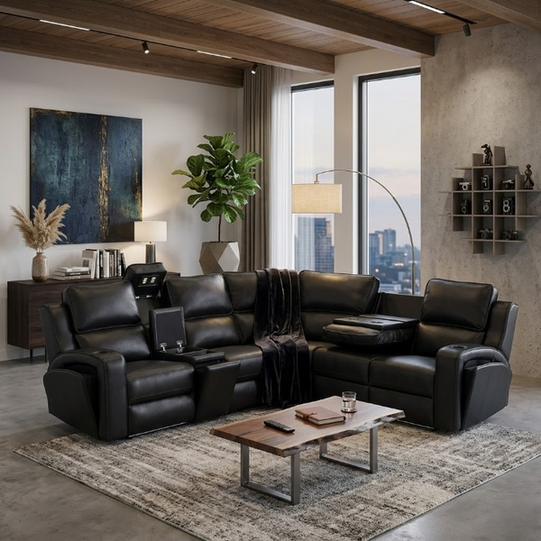 Ortho Power Recliner in a modern living room with large windows and stylish decor.