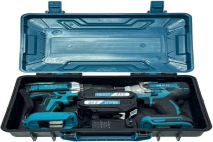 1300W 2-Piece Cordless Power Drill and Wrench Set in a protective case, showcasing the drill and impact wrench tools.