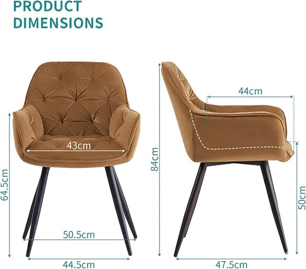 Product dimensions of Senna Velvet Padded Dining Chair showing width, height, and depth measurements.