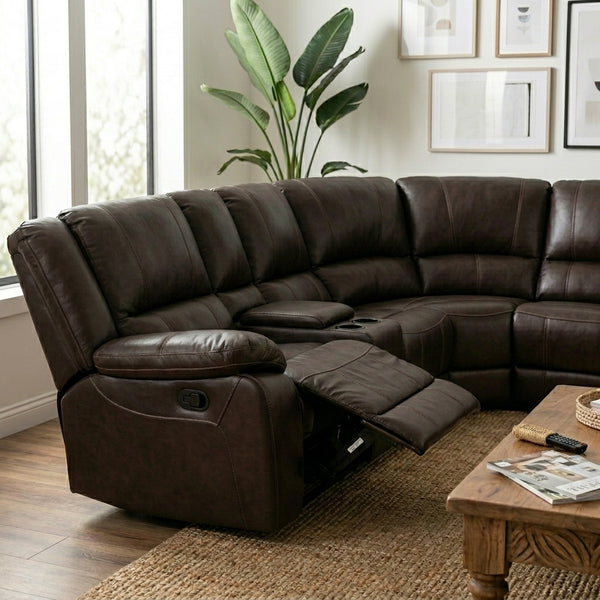 Modern Upholstered 3 Seater Couch in brown leather with reclining feature, surrounded by natural light and decor.