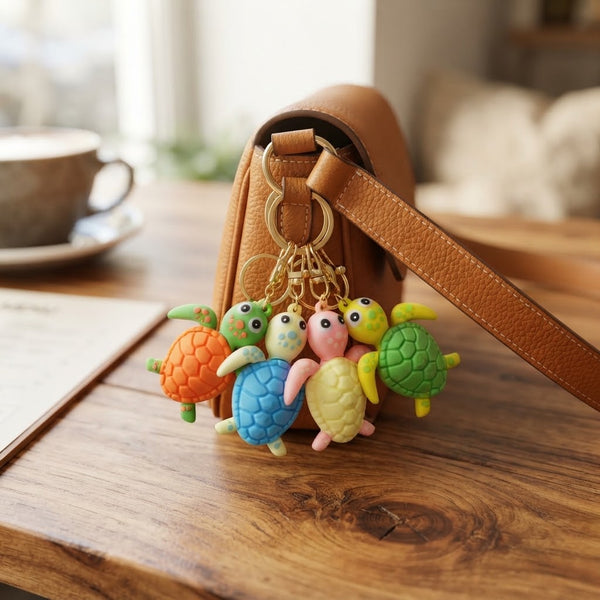 Colorful 3D Rubber Sea Turtle Keychain attached to a stylish brown handbag on a wooden table.