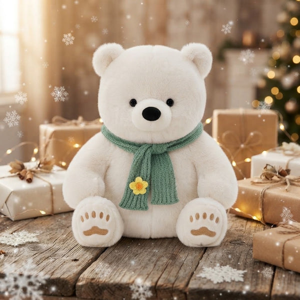 23cm Plush Polar Bear dressed with a green scarf, sitting on a wooden table surrounded by snow and gifts.