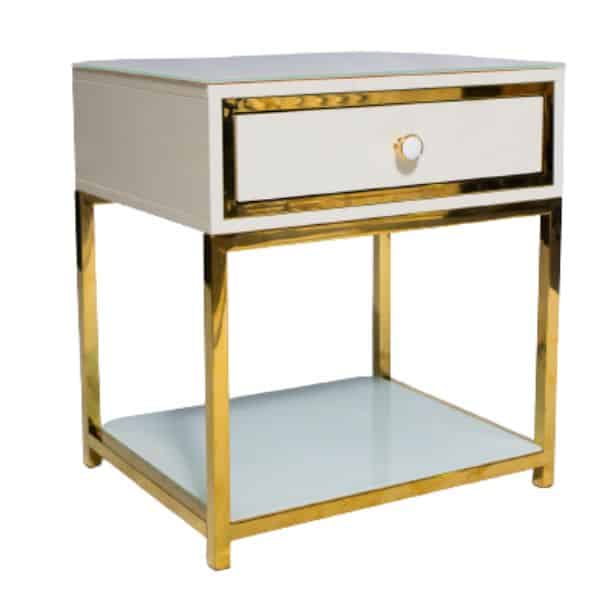 Modern Glossy Side Pedestal featuring a glossy finish and metallic accents, perfect for stylish spaces.