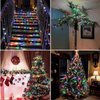 Various festive decorations using Solar LED Fairy String Lights - 20m, including trees and stairs, creating a colorful ambiance.