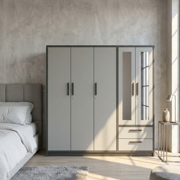 6-Door Wardrobe with Mirrored Doors and Storage Drawers