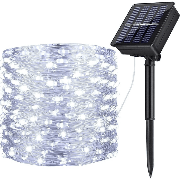 Solar LED Fairy String Lights - 20m on a spool with solar panel for outdoor lighting decor.