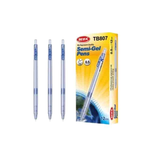 12 pcs Semi Gel Ink Pen 0.5mm Blue packaging with three pens displayed on the side.