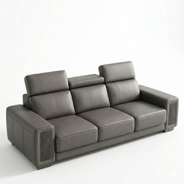 3 Seater Sofa with Adjustable Headrests in modern gray leather finish, featuring adjustable headrests for personalized comfort.