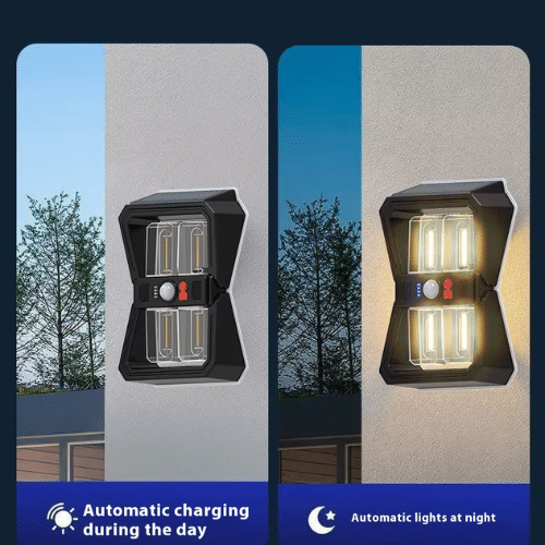 Solar Motion Wall Light showing automatic charging during the day and lighting at night.