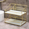 2-Tier Space-Saving Bathroom Rack featuring gold frame and marble-style shelves, designed for organized bathroom storage.