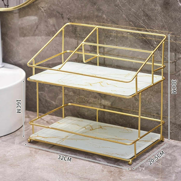 2-Tier Space-Saving Bathroom Rack featuring gold frame and marble-style shelves, designed for organized bathroom storage.