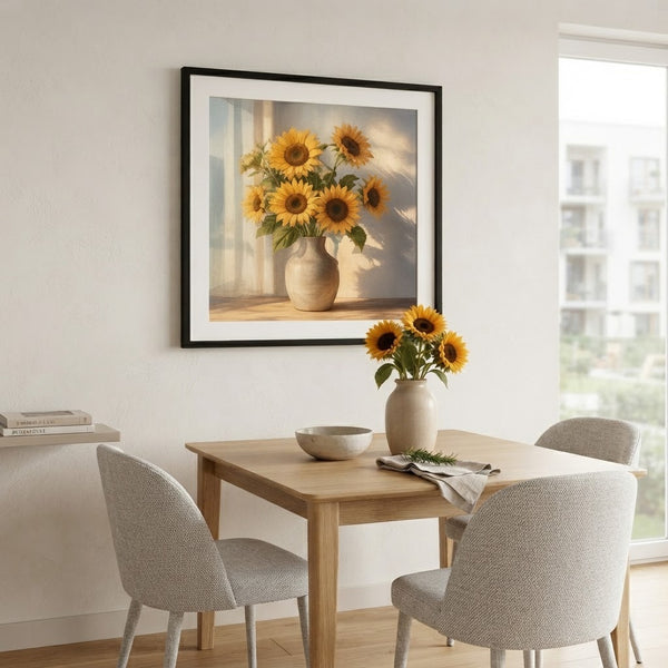 50x50 Sunflower Canvas Wall Art displayed above a wooden dining table with sunflowers in a vase next to it.