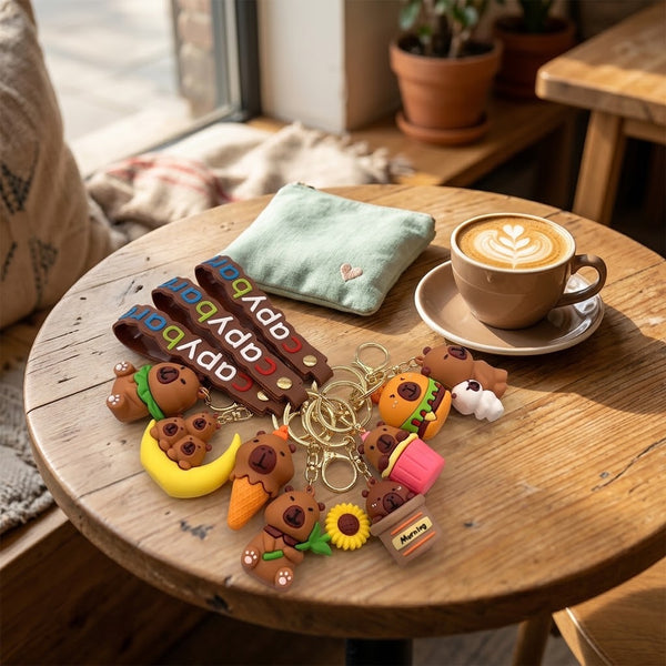Colorful Silicone Capybara Keychain collection on a wooden table with a coffee cup, adding playful charm to accessories.