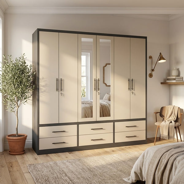 6-Door Wardrobe with Mirrored Doors and 6 Storage Drawers