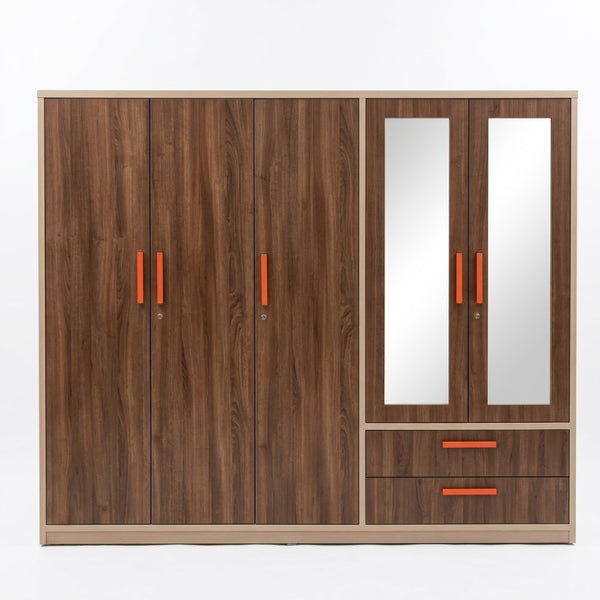 6-Door Wardrobe with Mirrored Doors and Storage Drawers