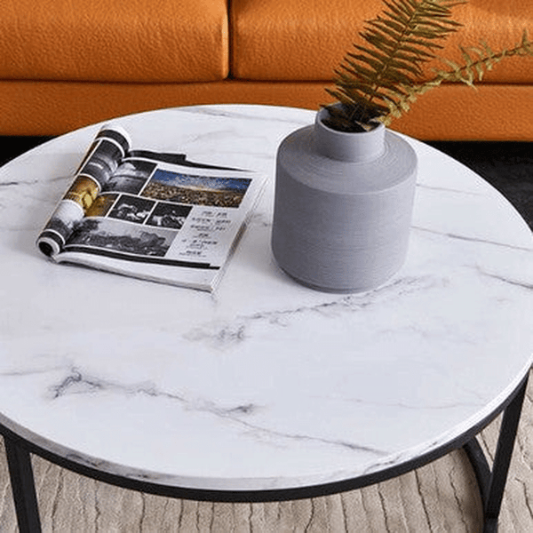 Space-Saving Coffee Table Set featuring a sleek round marble top and modern design, perfect for stylish living rooms.