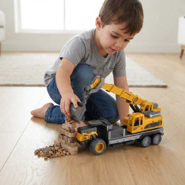 A child playing with the Engineering Excavator and Crane Truck Toy Set on a wooden floor, building with small rocks.