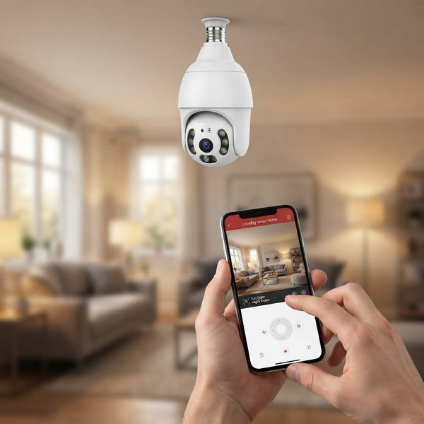 Wi-Fi Smart Bulb Security Camera in use, showcasing remote monitoring from a smartphone in a cozy living room.