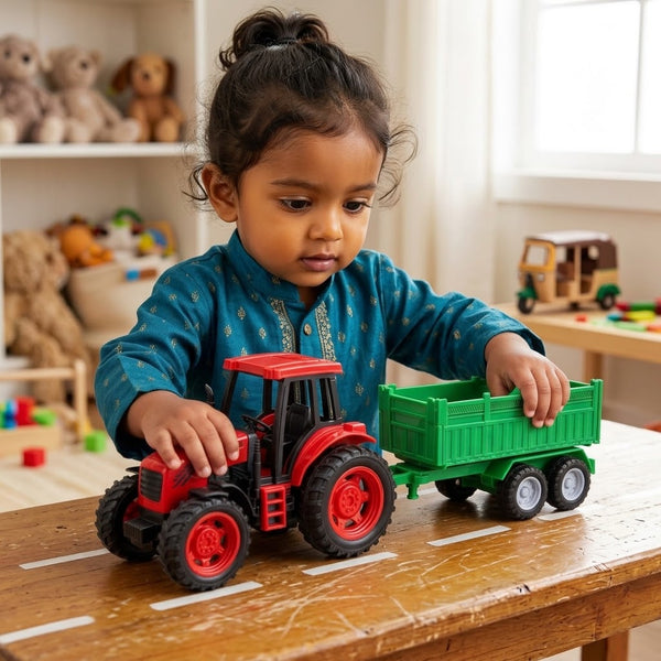 Child playing with a Plastic Farm Tractor Toy with Detachable Green Trailer on a table.
