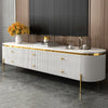 Modern Fluted White TV Stand with Faux Marble Top showcasing textured vertical detailing and gold accents.