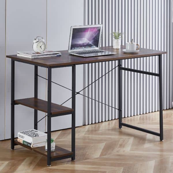 Compact Industrial Wooden Computer Desk with Shelves featuring a spacious tabletop and built-in shelving for an organized workspace.