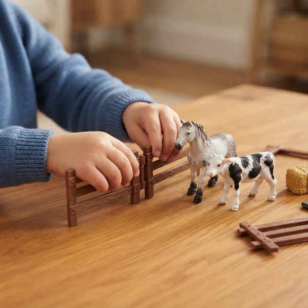 Child assembling the Farm Assembly Animal Fence Building Play Set with toy horses and cows on a wooden table.